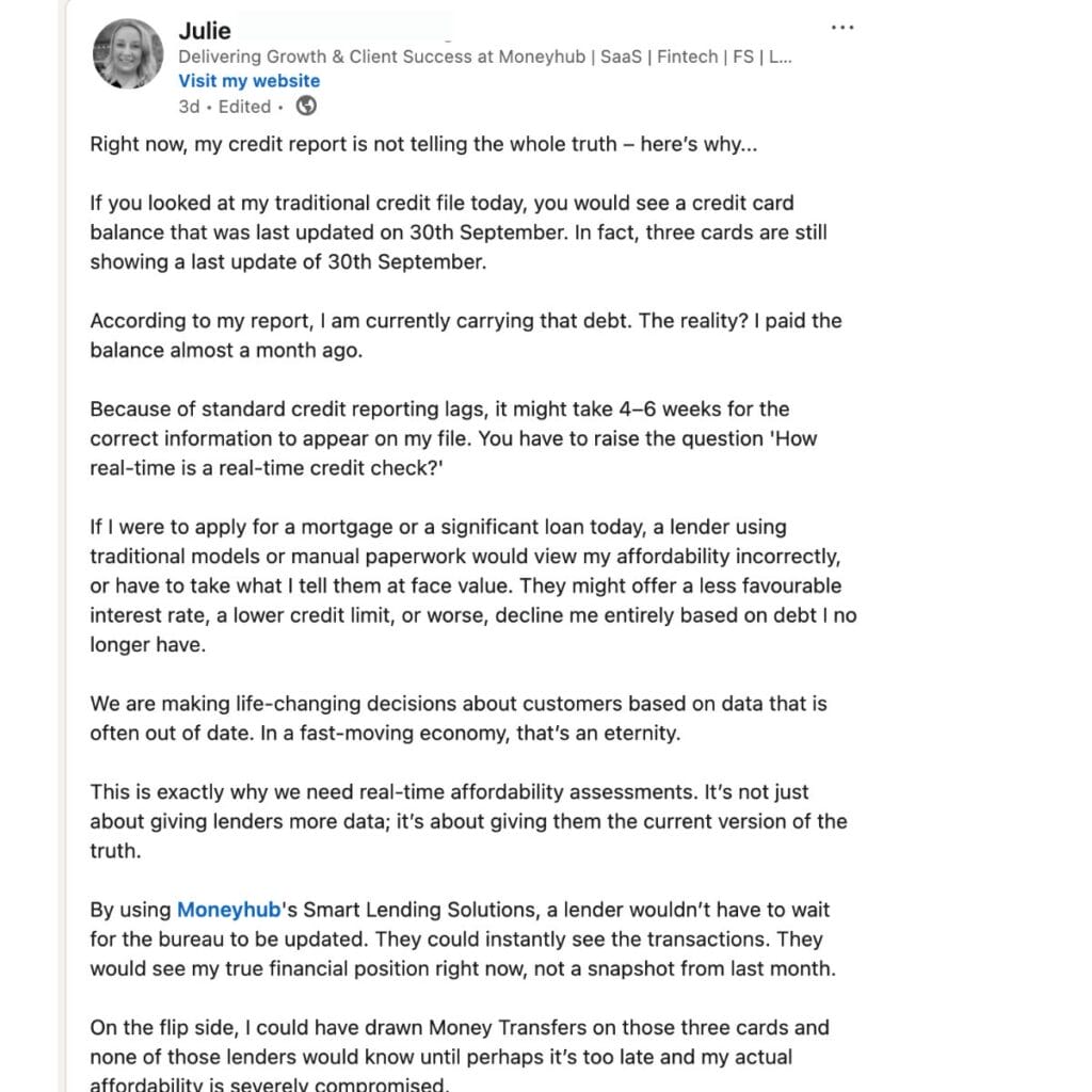 image shows Julie M, Moneyhub account manager, describing her credit report not telling the whole truth because she paid her credit card balance almost a month ago but it is not updated