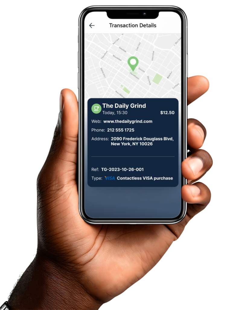 Phone screen mock up of well-enriched transaction including merchant name, website, logo, map location and address