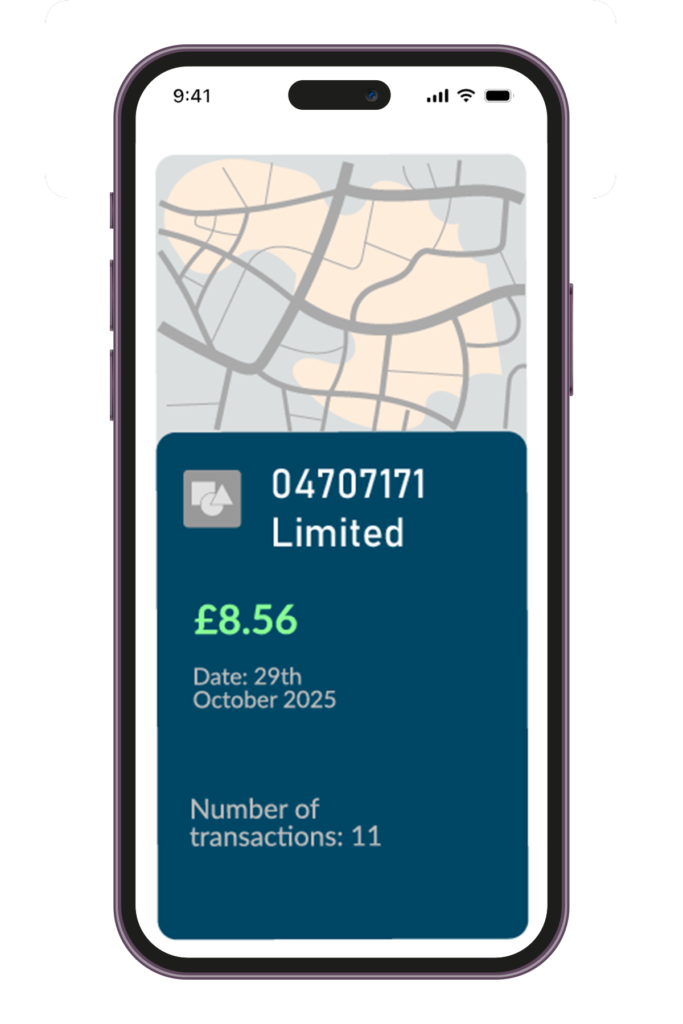 image shows a mock up transaction on a phone screen with very messy data. the merchant is listed as '0470717 Limited' with a date of October 29th 2025 and 11 transactions from this merchant.