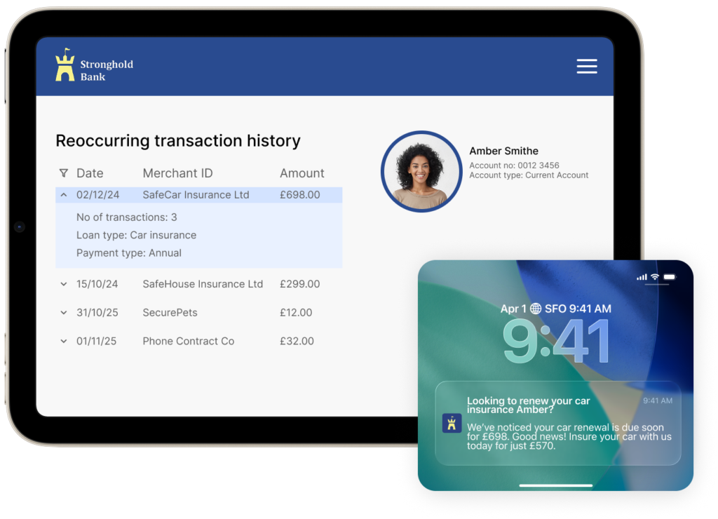 laptop screen showing the recurring transaction history of car insurance payments, and the nudge to the account holder which says 'Looking to renew your car insurance, Amber?'