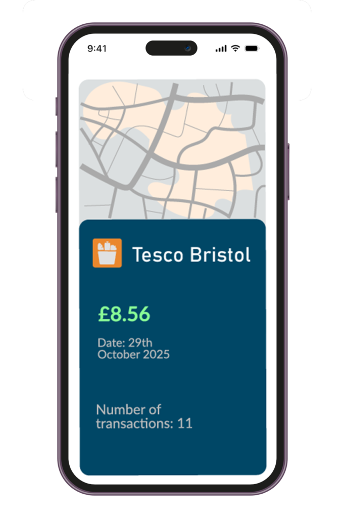 image shows a mock up transaction of a phone screen with better categorisation and enrichment, displaying the merchant ID as 'Tesco Bristol'