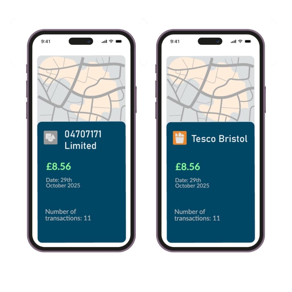Two phone screens mocked up, one showing merchant as '04707171 Limited', the other showing as Tesco Bristol
