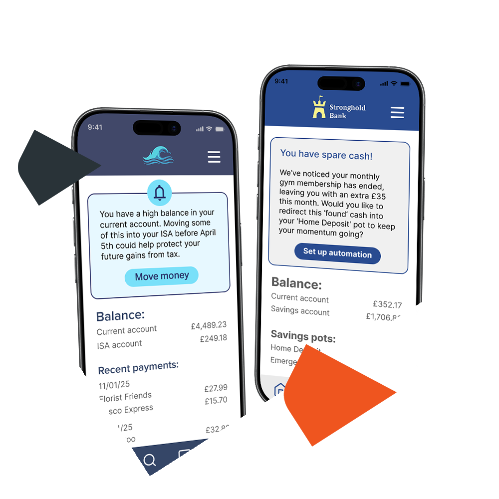 image of two phones showing mock up of widgets, both of which nudge the user to move their excess cash into a higher-interest savings account.